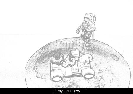 Two astronauts on the moon rover on the moon. Illustration Stock Photo