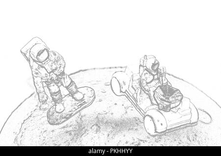 Two astronauts on the moon rover on the moon. Illustration Stock Photo