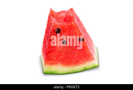 A bitten triangular piece of ripe watermelon with black seeds on a white background close-up macro shot Stock Photo