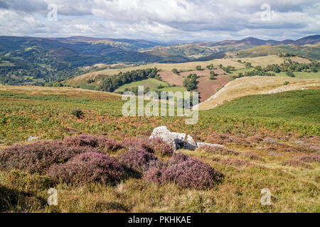 A view North from Eglwyseg Escarpment down the Dee Valley and the Vale of Llangollen, Wales, UK Stock Photo