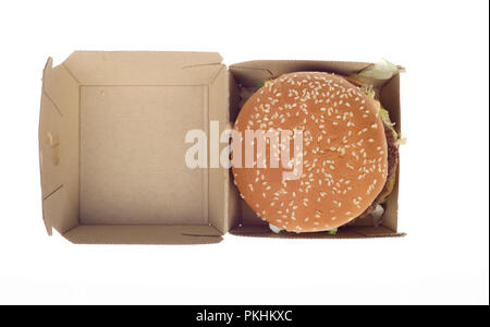 McDonald’s Big Mac Cheeseburger in takeaway to go fast food container box Stock Photo