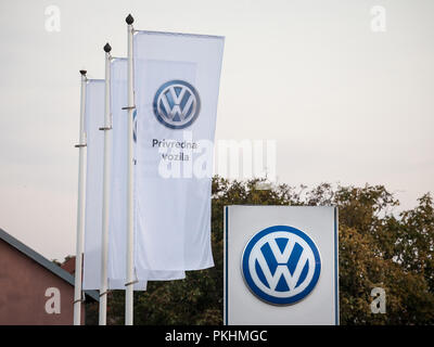 BELGRADE, SERBIA - SEPTEMBER 13, 2018: Volkswagen logo on their main dealership store Belgrade. Volkswagen is a German car and automotive manufacturer Stock Photo