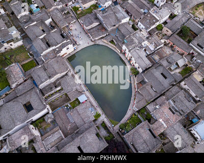 Aerial view of Crescent Lake and its surrounding house at the Hongcun Village in Huangshan, Anhui Province Stock Photo