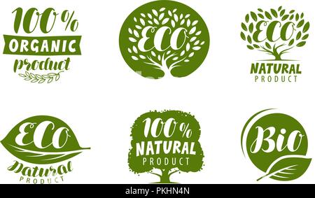 Bio, eco logo or label. Natural, organic product, vector badges set Stock Vector