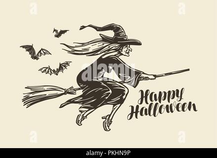 Halloween, greeting card. Old witch flies on broomstick. Vintage sketch vector illustration Stock Vector