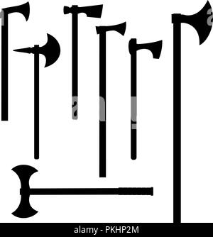 Vector set of medieval battle axes outline silhouette black on white Stock Vector