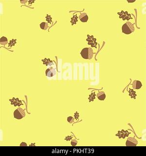 Acorn and leaf oak branch seamless pattern. Vector illustration. Yellow background. Stock Vector