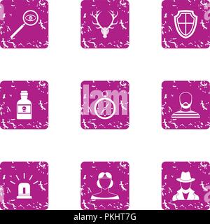 Detective icons set, grunge style Stock Vector