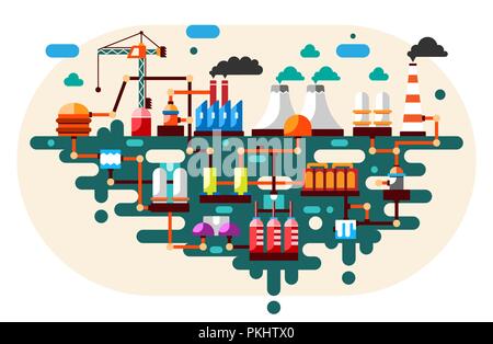 Industrial factory technology process with ecology concept. Flat illustration. Stock Vector
