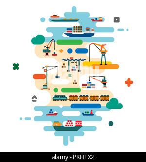 Global cargo logistics concept. Sea delivery with freight ships, port and freight cranes. Rail transportation. Flat cartoon illustration. Stock Vector