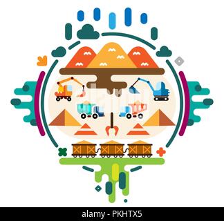 Global concept of extraction minerals, soil, sand, gravel. Extraction with excavator and transportation with dumper truck and freight train. Flat cartoon illustration. Stock Vector
