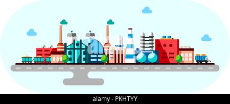 Global industrial factory technology process with ecology concept. Flat illustration of manufacturing buildings. Smart factory industry 4.0 Cartoon style Stock Vector