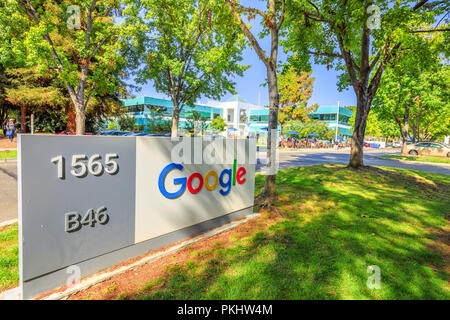 Mountain View, California, United States - August 13, 2018: Google Sign at Google Mountain View Campus - Building 46 in 1565 Charleston Road, Shoreline neighborhood, CA. Stock Photo