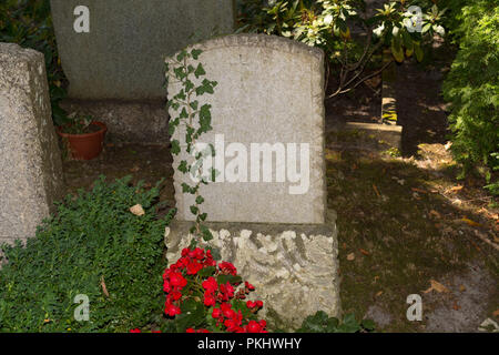 Aged tombstone with cross. Old gravestone with holy cross on an old cemetery. Gravestone with copy space. Stock Photo