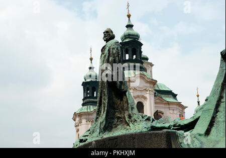 Czech Republic. Prague.  Old Town Square. Jan Hus Memorial, reformer and redecessor to Protestatism (1369-1415). Sculptural group designed by Ladislav Saloun (1870-1946), 1901-1915. Detail. Art Nouveau period. Stock Photo