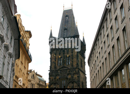 Czech Republic. Prague. The Powder Tower or Powder Gate. Gothic style. Original city gate. It separates the Old Town from the New Town. Its construction began in 1475, during the reign of Vladislav II by Matej Rejsek (1445-1506). The gate was used to store gunpowder in the 17th century. Stock Photo