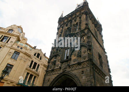 Czech Republic. Prague. The Powder Tower or Powder Gate. Architectural detail. Gothic style. Original city gate. It separates the Old Town from the New Town. Its construction began in 1475, during the reign of Vladislav II by Matej Rejsek (1445-1506). The gate was used to store gunpowder in the 17th century. Stock Photo