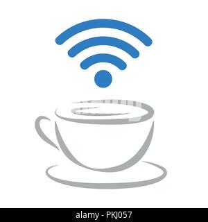free Wi-Fi zone icon with coffee cup and blue wireless signal outline vector illustration EPS10 Stock Vector