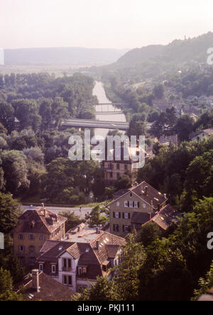 A view of Philosophers Walk from Heidelberg Castle taken in 1975 in 35mm colour slide film. Stock Photo