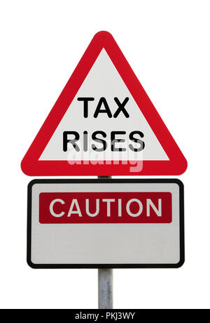 Triangular road sign warning Caution TAX RISES to illustrate financial future concept. England, UK, Britain, Europe