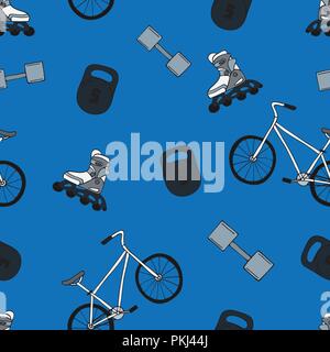 Bright vector seamless pattern with sports objects. Stock Vector