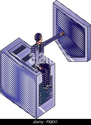 businessman sitting in server data and shield isometric vector illustration design Stock Vector