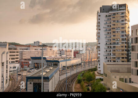 Issy les Moulineaux, France - September 9, 2018: Repair and storage workshop of the tramway of the Parisian public transport company RATP on a fall da Stock Photo