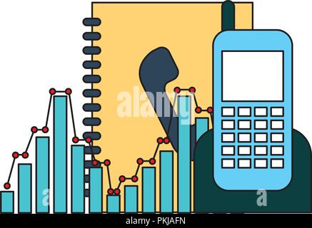 phonebook and phone with statistics vector illustration design Stock Vector