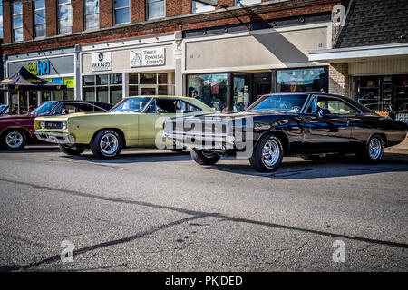 Eville Shindig 2018 car show in Evansville, Indiana. Featuring lots of classic restored vehicles along with custom street and rat rods. Stock Photo