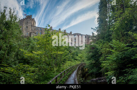 Panoramic view on Skipton Castle as seen from the footbridge in Skipton Woods Stock Photo