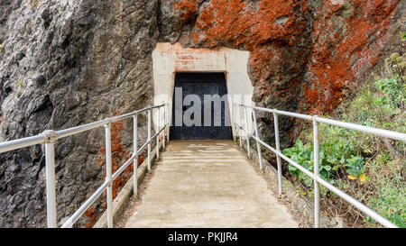 The path to the tunnel leading to Point Bonita Lighthouse on a typical overcast and foggy day at the San Francisco Bay entrance, the door to the tunne Stock Photo