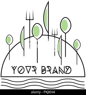 fork knife and spoon in the form of a forest on a hill minimalistic and geometric restaurant logo Stock Vector