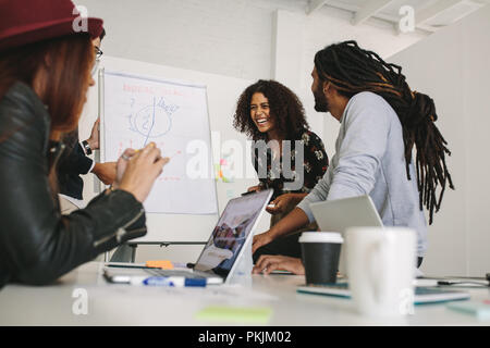 Business colleagues having fun during a meeting in office. Entrepreneurs discussing business plans on a flip chart board in meeting room. Stock Photo