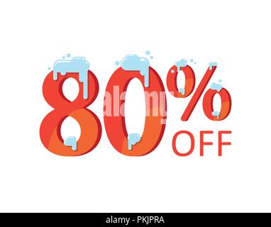 80 off. A discount of EIGHTY percent. Numbers in the snow. Winter sale, Christmas sale, holiday sale. Flat vector illustration Stock Vector
