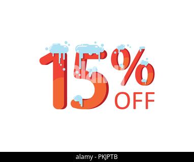 15 off. A discount of fifteen percent. Numbers in the snow. Winter sale, Christmas sale, holiday sale. Flat vector illustration Stock Vector