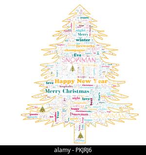 conceptual Merry Christmas holiday or Happy New Year winter abstract text word cloud, metaphor to celebration, Santa, december, love, family, in shape Stock Photo