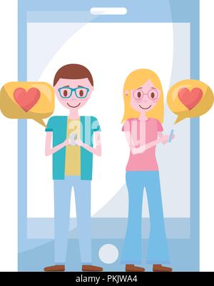 young couple with smartphone and set icons vector illustration design Stock Vector