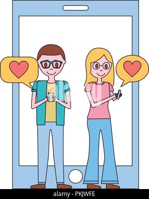 young couple with smartphone and set icons vector illustration design Stock Vector