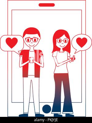 young couple with smartphone and set icons Stock Vector