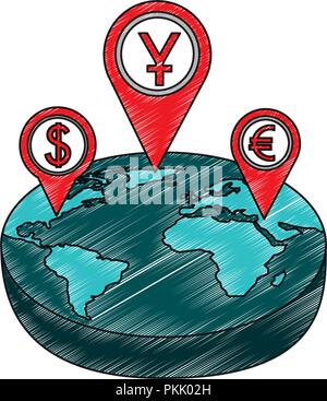 set pin pointer location with symbol crypto money in planet earth Stock Vector