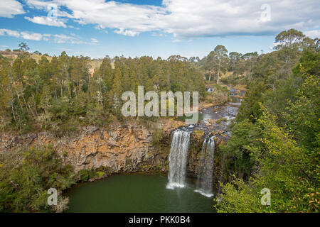 Spectacular Dangar Falls on Bellinger River pouring over rocky cliffs hemmed with forests and splashing into emerald pool near Dorrigo, NSW Australia Stock Photo