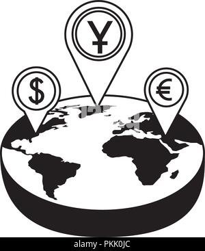 set pin pointer location with symbol crypto money in planet earth Stock Vector
