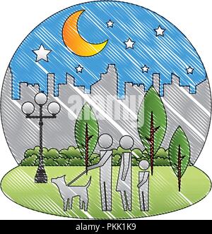 family walking with dog in night park city Stock Vector