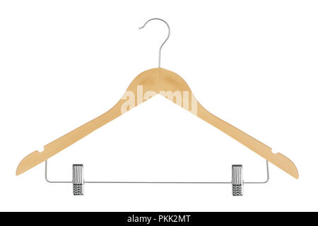 Wood clothes hanger with metal pants / skirt hanger isolated on a white background Stock Photo
