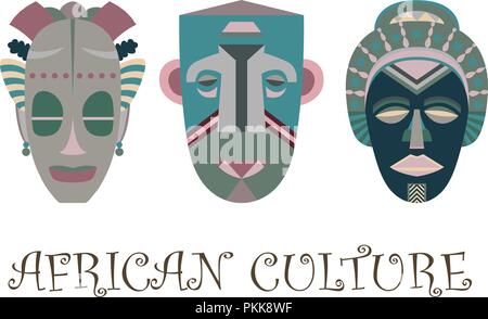 Set of three traditional African masks on a white background. Stock Vector