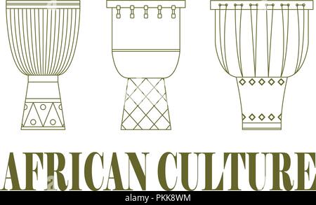 Set of three traditional African drums on a white background. Stock Vector