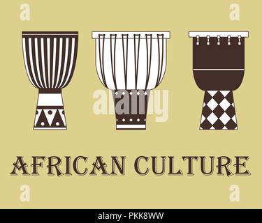 Set of three traditional African drums on a beige background. Stock Vector