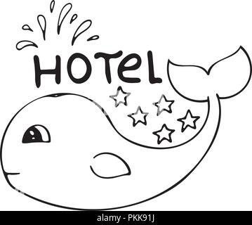 Banner for 5 star hotel with cute hand-drawn whale. Black-and-white line art. Stock Vector