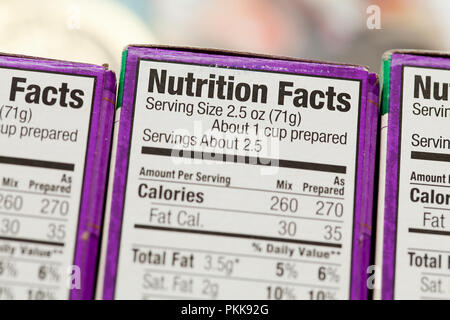 Nutrition label on food boxes (nutrition facts, nutrition information) - USA Stock Photo