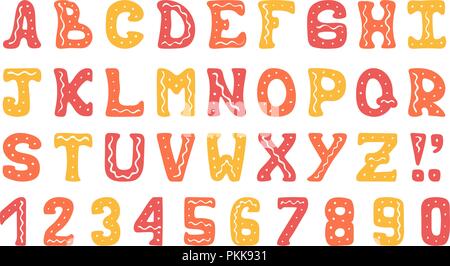 Hand-drawn cute colorful vector alphabet with doodles for typographic design. Stock Vector